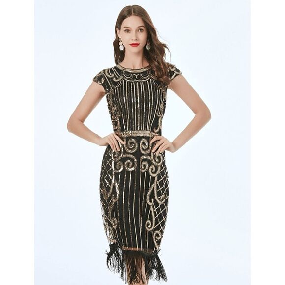 ✨ Flapper Great Gatsby Roaring 1920s Retro Tassel Fringe Sequin Dress SIZE L NEW - Picture 11 of 17